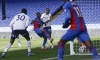 Crystal Palace's Tyrick Mitchell, centre, scores hi steam's third goal during the English Premier League soccer match between Crystal Palace and Aston Villa at Selhurst Park in London, Sunday, May 16, 2021. (AP Photo/Henry Browne/Pool)
