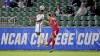 Pittsburgh's Alexander Dexter goes for a header against Indiana's Daniel Munie in the first half of the semifinal of the NCAA soccer College Cup, Friday, May 14, 2021, in Cary,N.C. (Matt Freed/Pittsburgh Post-Gazette via AP)