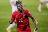 FILE - In this March 30, 2021 file photo, Belgium's Jeremy Doku celebrates after scoring his side's fourth goal during a World Cup 2022 group E qualifying soccer match between Belgium and Belarus at the King Power stadium in Leuven, Belgium. Jeremy Doku and Leandro Trossard were called up Monday, May 17, 2021 for the Belgium squad alongside the usual stalwarts for the European Championship. Belgium will play in Group B, opening against Russia on June 12. The top-ranked Belgians will then face Denmark and Finland. (AP Photo/Francisco Seco, File)