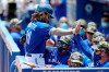 Toronto Blue Jays' Bo Bichette is congratulated on his home run against the Philadelphia Phillies during the first inning of a baseball game Sunday, May 16, 2021, in Dunedin, Fla. About one quarter of the Toronto Blue Jays' season is complete and Canada's only big-league team finds itself right in the mix in the American League East. THE CANADIAN PRESS/AP, Mike Carlson