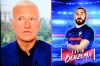A picture of French forward Karim Benzema is displayed as France's head coach Didier Deschamps, left, announces the France's squad list for the UEFA Euro 2020 football tournament, television channel TF1 in Boulogne Billancourt, outsideParis, Tuesday May 18, 2021. France coach Didier Deschamps recalled forward Karim Benzema after nearly six years out for his alleged part in a 