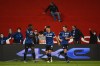 Atalanta's Ruslan Malinovskyi, center, celebrates after scoring a goal against Juventus during the Italian Cup soccer final match between Atalanta and Juventus at the Mapei Stadium in Reggio Emilia, Italy, Wednesday, May 19, 2021. (Fabrizio Corradetti/LaPresse via AP)