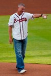 Former Atlanta Braves third baseman and Baseball Hall of Famer Chipper Jones prepares to throw out the ceremonial first pitch before the Braves' baseball game against the Pittsburgh Pirates on Friday, May 21, 2021, in Atlanta. (AP Photo/John Bazemore)