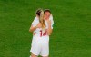 Canada's Gabrielle Carle and Lindsay Agnew, right, hug each other at the end of the Women's World Cup round of 16 soccer match between Sweden and Canada at the Parc des Princes in Paris, France, Monday, June 24, 2019. Canadian international Lindsay Agnew has been sidelined by a broken foot. THE CANADIAN PRESS/AP, Michel Euler