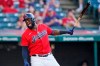 Cleveland Indians' Franmil Reyes reacts after swinging in the sixth inning of a baseball game against the Minnesota Twins, Saturday, May 22, 2021, in Cleveland. Reyes left the game with an injury. (AP Photo/Tony Dejak)