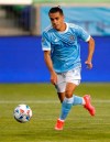 NYCFC forward Jesus Medina works the ball against the Columbus Crew during an MLS soccer match Saturday, May 22, 2021, in Harrison,N.J. (AP Photo/Noah K. Murray)