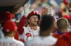 Philadelphia Phillies' Rhys Hoskins celebrates his home run with teammates during the sixth inning of a baseball game against the Boston Red Sox, Saturday, May 22, 2021, in Philadelphia. (AP Photo/Chris Szagola)