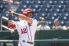 Washington Nationals Kyle Schwarber (12) bats in the sixth inning of a baseball game against the Baltimore Orioles, Sunday, May 23, 2021, in Washington. (AP Photo/Al Drago)