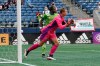 Seattle Sounders goalkeeper Stefan Cleveland, right, makes a stop against Atlanta United during the first half of an MLS soccer match, Sunday, May 23, 2021, in Seattle. (AP Photo/Ted S. Warren)