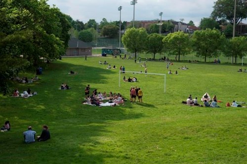 Various groups use social distancing at Christie Pits Park in Toronto during the COVID-19 pandemic on Saturday, May 22, 2021.THE CANADIAN PRESS/Tijana Martin