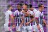 Valladolid's Oscar Plano, center, celebrates with teammates after scoring the opening goal during the Spanish La Liga soccer match between Atletico Madrid and Valladolid at the Jose Zorrilla stadium in Valladolid, Spain, Saturday, May 22, 2021. (AP Photo/Manu Fernandez)