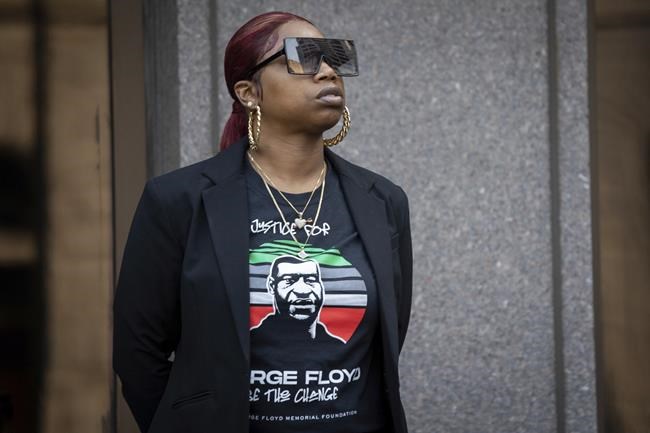 Bridgett Floyd, sister of George Floyd, attends a rally and march for the one year anniversary of George Floyd's death on Sunday, May 23, 2021, in Minneapolis, Minn. (AP Photo/Christian Monterrosa)
