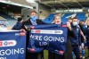 Canadian co-owners Jason Neale (left in mask) and R. Stewart Thompson celebrate after Peterborough United FC won promotion to England’s second-tier Championship with a 3-3 draw with Lincoln City in a May 1, 2021 handout photo taken in Peterborough, Eng. Neale, from Kelowna, B.C., and Thompson, from Calgary, combined to buy a 50 per cent share of the soccer club in March 2018. THE CANADIAN PRESS/HO-Peterborough United FC-Joe Dent MANDATORY CREDIT