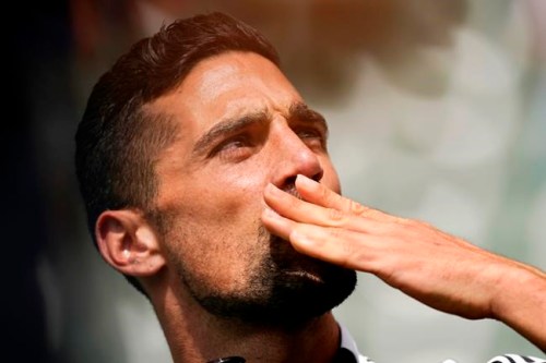 LA Galaxy midfielder Sebastian Lletget acknowledges fans after a Major League Soccer match against Austin FC Saturday, May 15, 2021, in Carson, Calif. The Galaxy won 2-0. (AP Photo/Mark J. Terrill)