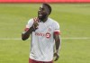 Toronto FC’s Jozy Altidore reacts after scoring during second half MLS soccer action against the Montreal Impact, in Montreal, Wednesday, Sept. 9, 2020. News that Spanish playmaker Alejandro Pozuelo might make his season debut Saturday at Columbus has been overshadowed by a report that fellow designated player Altidore is on the outs of the MLS club. THE CANADIAN PRESS/Graham Hughes