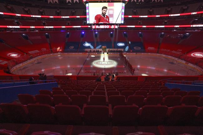 Montreal Canadiens captain Shea Weber is introduced before an empty Bell Centre for the Canadiens NHL home opener against the Calgary Flames in Montreal on Thursday, January 28, 2021. For the first time since March 2020, a Canadian NHL team will have paying fans in the arena tonight. THE CANADIAN PRESS/Paul Chiasson