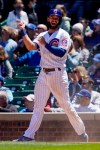 Chicago Cubs' David Bote celebrates after scoring on an RBI single by Zach Davies during the second inning of a baseball game against the Cincinnati Reds in Chicago, Saturday, May 29, 2021. (AP Photo/Nam Y. Huh)