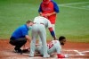 Philadelphia Phillies' Roman Quinn (24) is helped after he was injured scoring on a two-run double by Ronald Torreyes during the fifth inning of a baseball game against the Tampa Bay Rays Saturday, May 29, 2021, in St. Petersburg, Fla. Quinn left the game. (AP Photo/Chris O'Meara)
