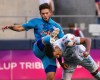 The corner kick at Austin FC defender Julio Cascante, right, misses its mark and allows for Seattle Sounders midfielder Kelyn Rowe, left, to punch it away in the first half of an MLS soccer match, Sunday, May 30, 2021, at Lumen Field in Seattle. (Dean Rutz/The Seattle Times via AP)