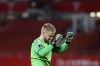 FILE - In this Wednesday, March 31, 2021 filer, Denmark's Kasper Schmeichel reacts after a goal against Austria during the World Cup 2022 group F qualifying soccer match between Austria and Denmark at Ernst-Happel-Stadium in Vienna, Austria. (AP Photo/Ronald Zak, File)