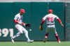 Los Angeles Angels center fielder Taylor Ward, left, cannot make the catch on a popup fly hit by San Francisco Giants' Steven Duggar as shortstop baseman David Fletcher (22) looks on during the third inning of a baseball game Monday, May 31, 2021, in San Francisco. (AP Photo/Tony Avelar)