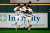 Houston Astros' Chas McCormick (20), Kyle Tucker (30) and Myles Straw celebrate after a baseball game against the Boston Red Sox Tuesday, June 1, 2021, in Houston. The Astros won 5-1. (AP Photo/David J. Phillip)