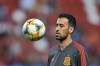 Spain's Sergio Busquets warms up before the Euro 2020 group F qualifying soccer match between Spain and Faroe Islands at the Molinon stadium in Gijon, Spain, Sunday, Sept. 8, 2019. (AP Photo/Alvaro Barrientos)