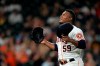 Houston Astros starting pitcher Framber Valdez reacts after striking out Boston Red Sox's Enrique Hernandez during the seventh inning of a baseball game Wednesday, June 2, 2021, in Houston. (AP Photo/David J. Phillip)