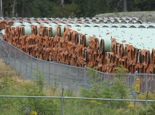 Pipes for the Trans Mountain pipeline project are seen at a storage facility near Hope, B.C., on September 1, 2020. THE CANADIAN PRESS/Jonathan Hayward