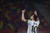 Argentina's Lionel Messi celebrates scoring his side's opening goal on a penalty kick during a qualifying soccer match against Chile for the FIFA World Cup Qatar 2022 in Santiago del Estero, Argentina, Thursday, June 3, 2021. (Juan Mabromata, Pool via AP)