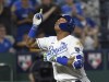 Kansas City Royals' Salvador Perez celebrates his second home run of the night, during the fifth inning of the team's baseball game against the Minnesota Twins on Thursday, June 3, 2021, in Kansas City, Mo. (AP Photo/Reed Hoffmann)