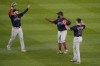 Boston Red Sox's Alex Verdugo, left, Danny Santana, center, and Hunter Renfroe celebrate after a baseball game against the New York Yankees, Friday, June 4, 2021, in New York. (AP Photo/Frank Franklin II)