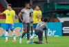 Ecuador's soccer players react after losing 2-0 against Brazil at the end of a qualifying soccer match for the FIFA World Cup Qatar 2022 at Beira-Rio stadium in Porto Alegre, Brazil, Friday, June 4, 2021. (AP Photo/Andre Penner)