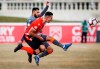Hamilton Forge's David Choiniere, left, collides with Calgary Cavalry's Dominick Zator during Canadian Premier League soccer finals action in Calgary, Saturday, Nov. 2, 2019. THE CANADIAN PRESS/Jeff McIntosh
