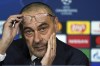 FILE - In this Tuesday, Feb. 25, 2020 file photo coach Maurizio Sarri looks on during a press conference in Decines, near Lyon, central France. Lazio hired Maurizio Sarri as its new coach on Wednesday June 9, 2021 shortly after the Italian club strongly hinted at the appointment with a series of cryptic posts on social media.n(AP Photo/Laurent Cipriani, file )