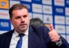 FILE - In this Sunday, Jan. 14, 2018 file photo, Yokohama F Marinos new head coach Ange Postecoglou of Australia gives a thumbs up after a press conference in Yokohama, near Tokyo. Glasgow club Celtic hired former Australia national team coach Ange Postecoglou as manager on Thursday June 10, 2021. (AP Photo/Shizuo Kambayashi, File)