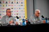 Sweden's National team captain Janne Andersson and Team Physician Anders Valentin take part in a press conference, in Gothenburg, Sweden, Wednesday, June 9, 2021. Euro 2020 gets underway on Friday June 11 and is being played in 11 host cities across 11 countries. The event was delayed by one year after being postponed in 2020 due to the COVID-19 pandemic. (Erik Simander/TT News Agency via AP)
