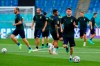 Italy's Jorginho, right, plays the ball during a training session of the national soccer team at the Olympic stadium in Rome, Thursday, June 10, 2021, ahead of their match against Turkey on Friday June 11. The Euro 2020 gets underway on Friday June 11 and is being played in 11 host cities across 11 countries. The event was delayed by one year after being postponed in 2020 due to the COVID-19 pandemic. (AP Photo/Alessandra Tarantino)
