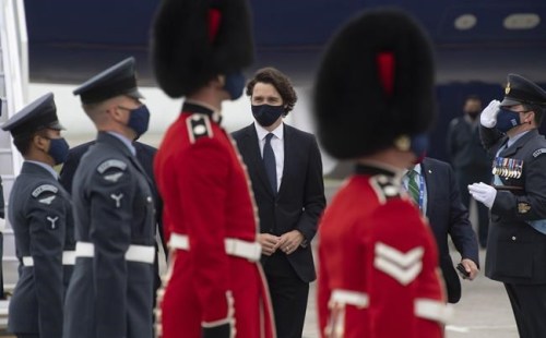 Prime Minister Justin Trudeau arrives for the G7 Summit, at the airport in Newquay, United Kingdom, Thursday, June 10, 2021. THE CANADIAN PRESS/Adrian Wyld