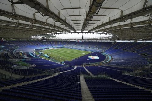 A view of the stadium prior to an Italian national team training session ahead of Friday's Euro 2020, group A soccer match against Turkey, at the Rome Olympic stadium, Thursday, June 10, 2021. (AP Photo/Andrew Medichini, Pool)