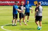 Danish head coach Kasper Hjulmand, left, attends a soccer team training session on Friday June 4, 2021, in Helsingor north of Copenhagen, Denmark, where the Danish national soccer team prepares for the upcoming EURO 2020 football tournament.(Claus Bech/Ritzau via AP)