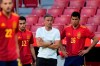 Spain's head coach Luis Enrique, centre, watches the play during the international friendly soccer match between Spain and Portugal at the Wanda Metropolitano stadium in Madrid, Spain on Friday June 4, 2021. (AP Photo/Manu Fernandez)