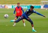 England's Marcus Rashford stretches for a ball during the training session at St George's Park, Burton upon Trent, England on Thursday June 10, 2021. England play their first match at the Euro 2020 soccer championship against Croatia at Wembley stadium in London on June 13. (Nick Potts/PA via AP)