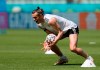 Wales' Gareth Bale during a team training session at the Baku Olympic Stadium in Baku, Azerbaijan, Friday, June 11, 2021 the day before the Euro 2020 soccer championship group A match between Wales and Switzerland. (AP Photo/Darko Vojinovic)