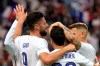 France's Olivier Giroud, left, celebrates with his teammates his goal against Bulgaria during the international friendly soccer match between France and Bulgaria at the Stade De France in Saint Denis, North of Paris, France, Tuesday, June 8, 2021. (AP Photo/Francois Mori)