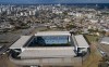 An aerial view of the Arena Pantanal stadium which will host Sunday's Copa America soccer match between Colombia and Ecuador, in Cuiaba, Brazil, Saturday, June 12, 2021. (AP Photo/Andre Penner)