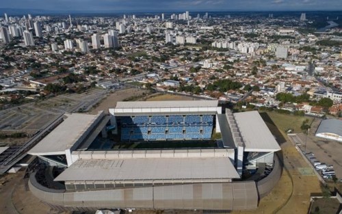 An aerial view of the Arena Pantanal stadium which will host Sunday's Copa America soccer match between Colombia and Ecuador, in Cuiaba, Brazil, Saturday, June 12, 2021. (AP Photo/Andre Penner)