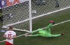 Poland's goalkeeper Wojciech Szczesny scores an own goal during the Euro 2020 soccer championship group E match between Poland and Slovakia at Gazprom arena stadium in St. Petersburg, Russia, Monday, June 14, 2021. (Anton Vaganov/Pool via AP)