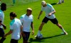 Switzerland's Granit Xhaka, right, controls the ball during a training session, in Rome, Tuesday, June 15, 2021, the day before the Euro 2020 soccer championship group A match between Italy and Switzerland. (AP Photo/Alessandra Tarantino)