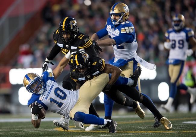Hamilton Tiger-Cats' Richard Leonard tackles Winnipeg Blue Bombers' Nic Demski during first half football action in the 107th Grey Cup in Calgary, Alta., Sunday, November 24, 2019. THE CANADIAN PRESS/Nathan Denette